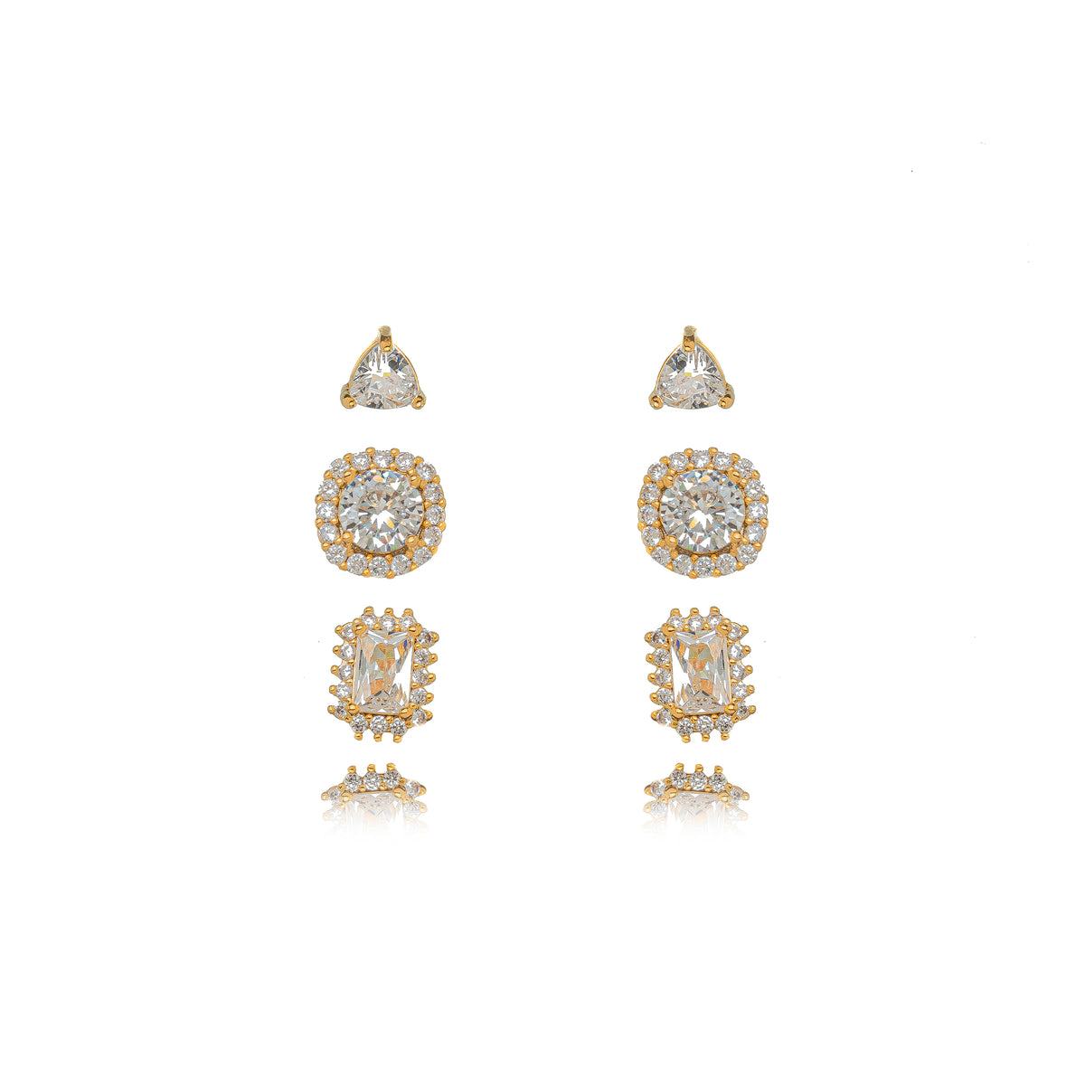 Trio de Brincos Cristal Cravejado em Zircônia e Banhado em Ouro 18k