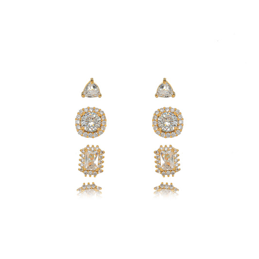 Trio de Brincos Cristal Cravejado em Zircônia e Banhado em Ouro 18k
