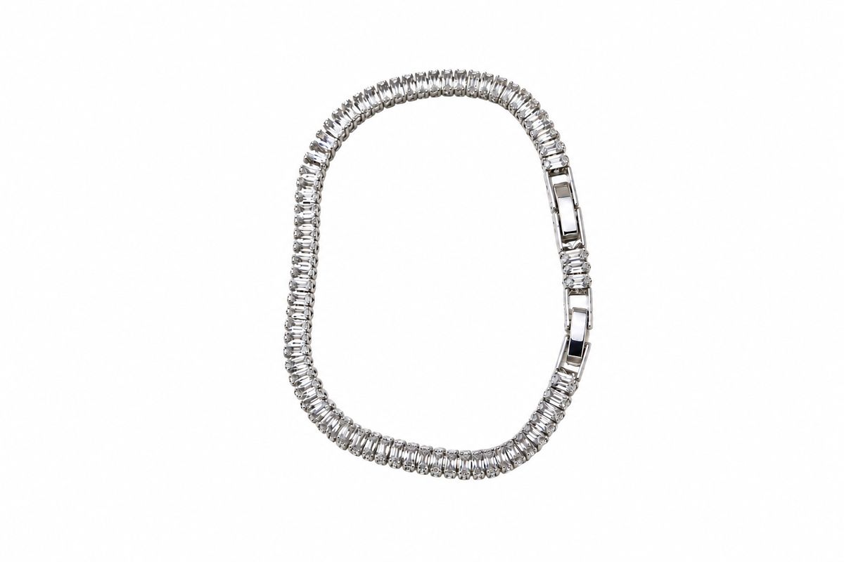Pulseira Riviera Pedra Baguete Cristal Banhada em Ródio com 2cm de Extensor